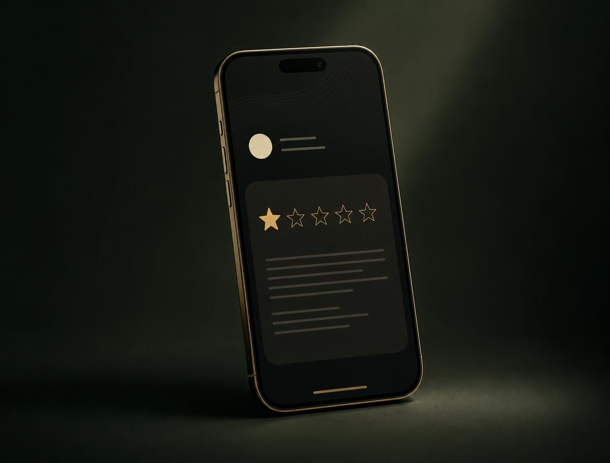 A phone displaying a fictional one-star customer review