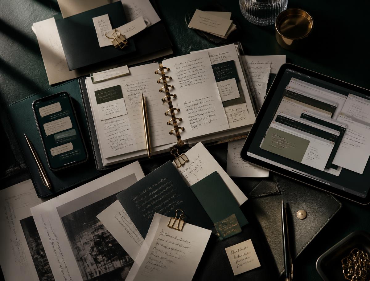 A fragmented workspace of tools, notes, tabs, messages and documents